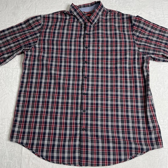 Izod Mens Button Up Shirt 2XLT  Long Sleeve Lightweight Red Black Yellow Plaid - Picture 2 of 9